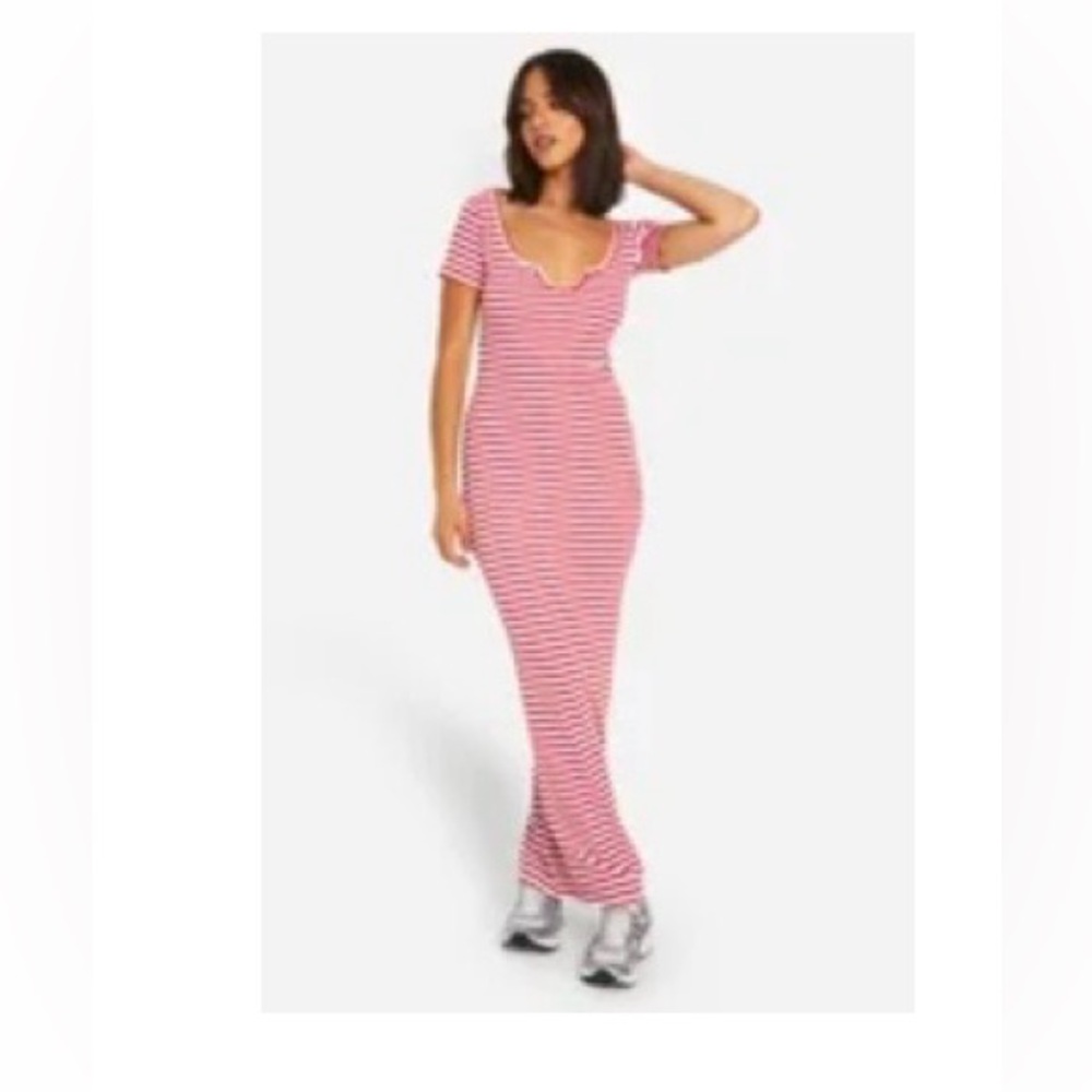 Boohoo Red and White Striped Dress